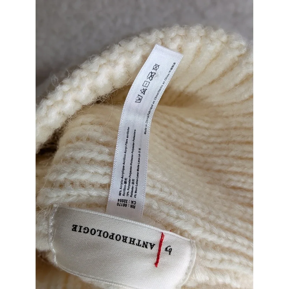 Anthropologie Cream Ribbed Knit Beanie Ivory Wool Blend Winter‎ Hat Snap Top